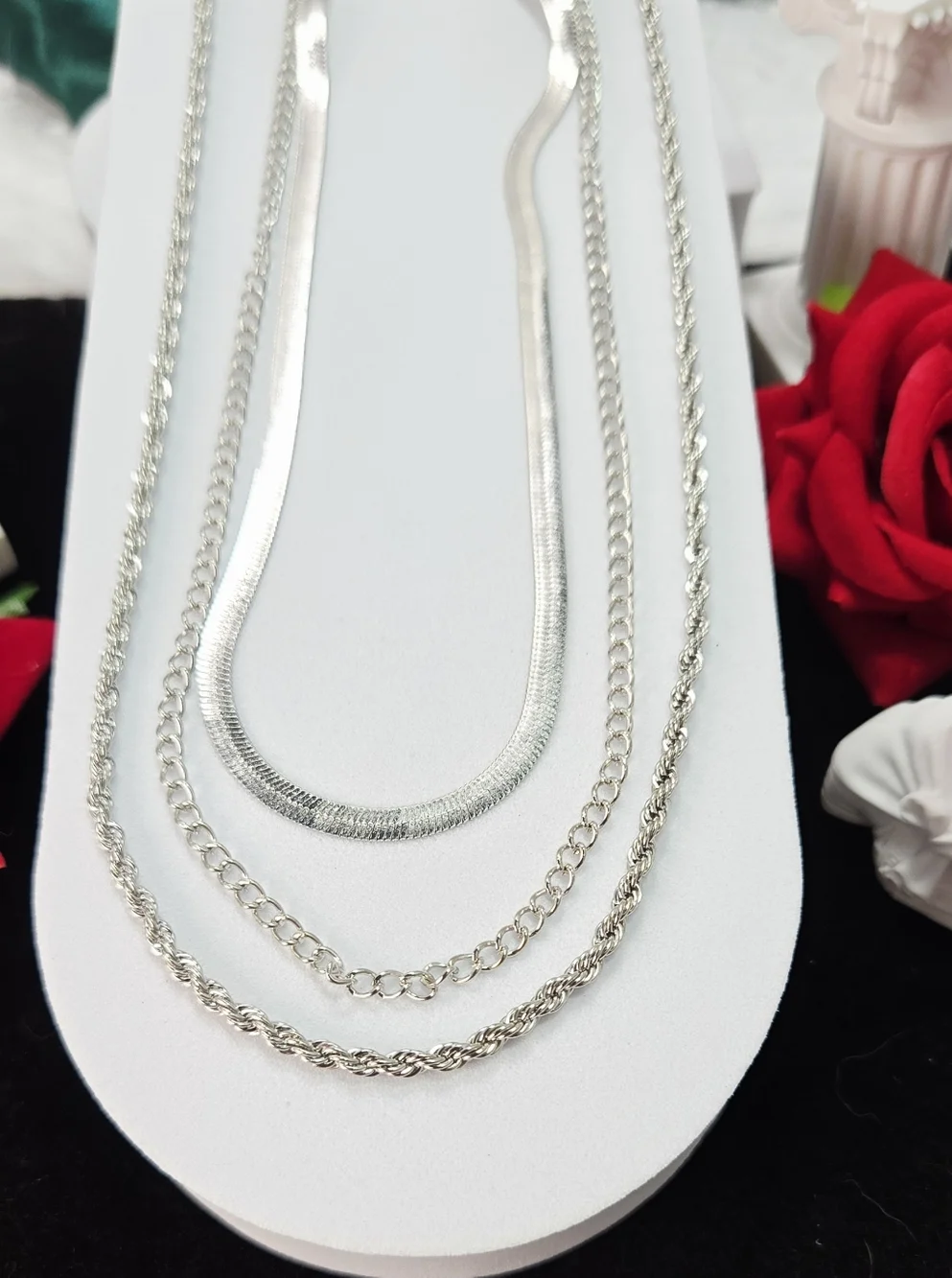 Layered Stack Necklace 3-in-1 Silver Herringbone Curb Rope Chains 15–22